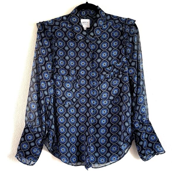 MISA Los Angeles Sheer Anita Button Front Blouse Top in Blue Valencia Tile - Picture 2 of 12